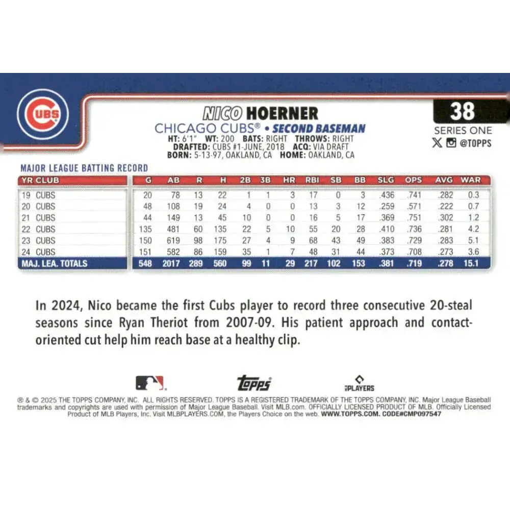 2025 Topps #38 Nico Hoerner NM-MT Chicago Cubs Baseball Card - Baseball Card Single
