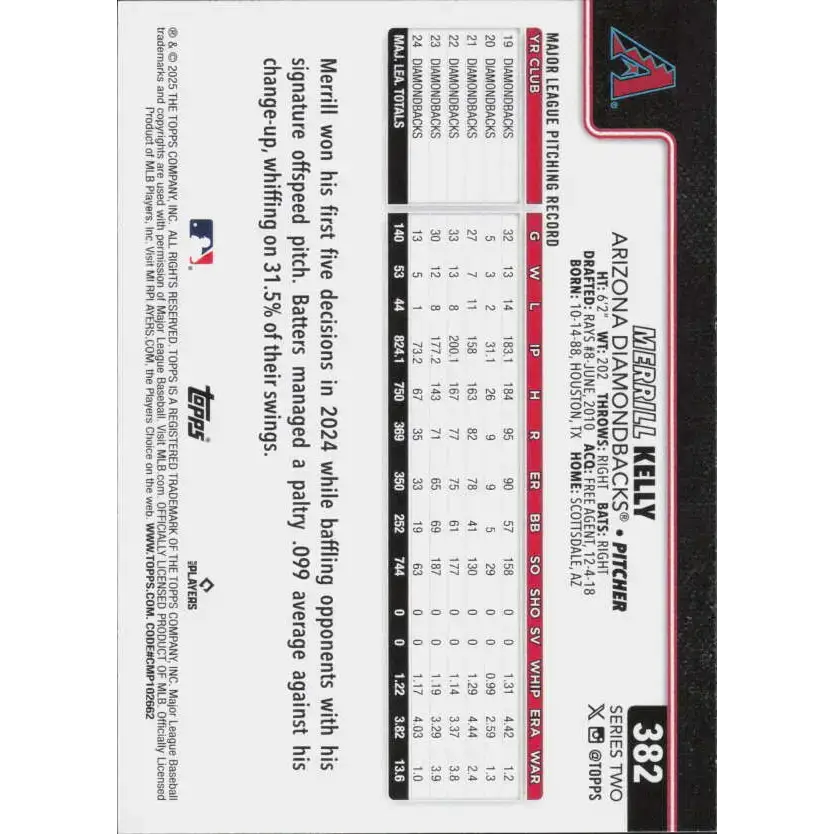 2025 Topps #382 Merrill Kelly NM-MT Arizona Diamondbacks Baseball Card - Baseball Card Single