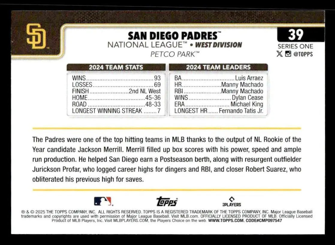 2025 Topps #39 San Diego Padres - Baseball Card Single