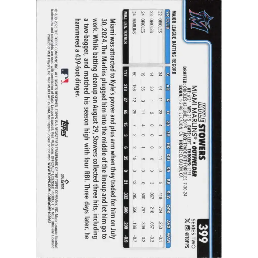 2025 Topps #399 Kyle Stowers NM-MT Miami Marlins Baseball Card - Baseball Card Single