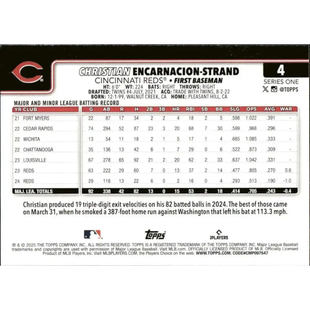 2025 Topps #4 Christian Encarnacion-Strand NM-MT Cincinnati Reds Baseball Card - Baseball Card Single