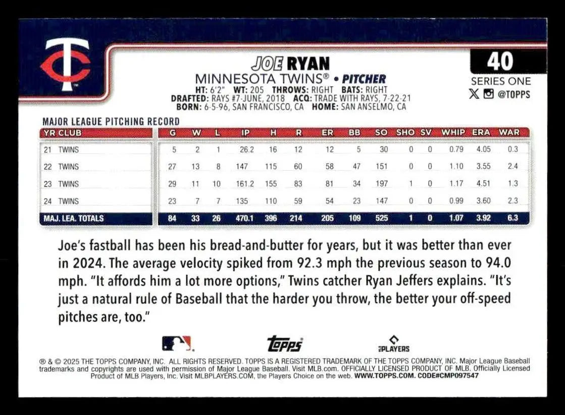 2025 Topps #40 Joe Ryan - Baseball Card Single