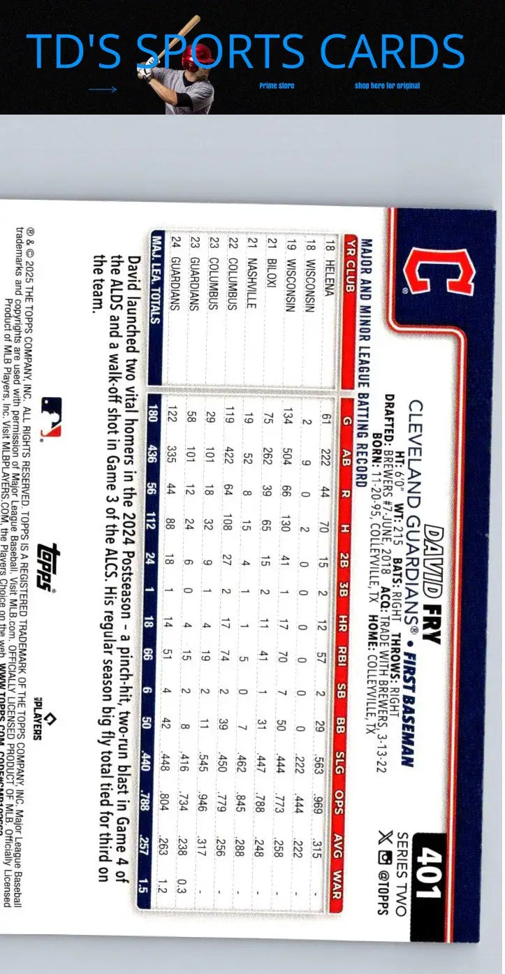 2025 Topps David Fry baseball card displayed in product showcase