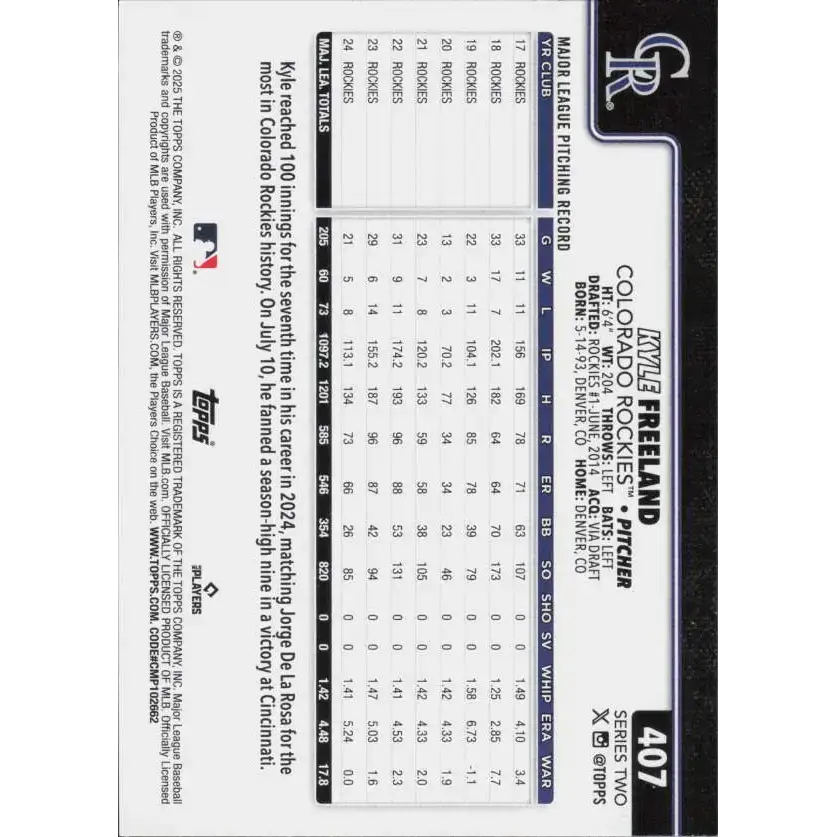 2025 Topps #407 Kyle Freeland NM-MT Colorado Rockies Baseball Card