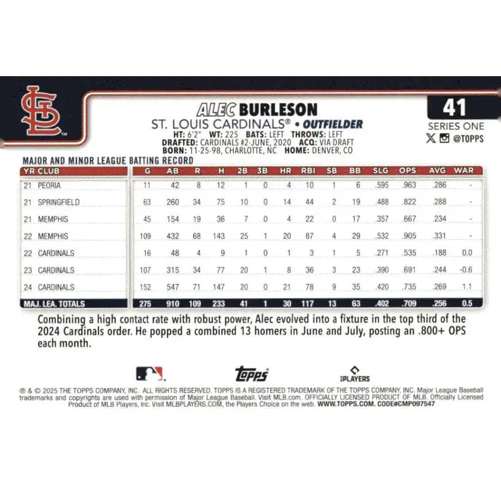 2025 Topps #41 Alec Burleson NM-MT St Louis Cardinals Baseball Card - Baseball Card Single