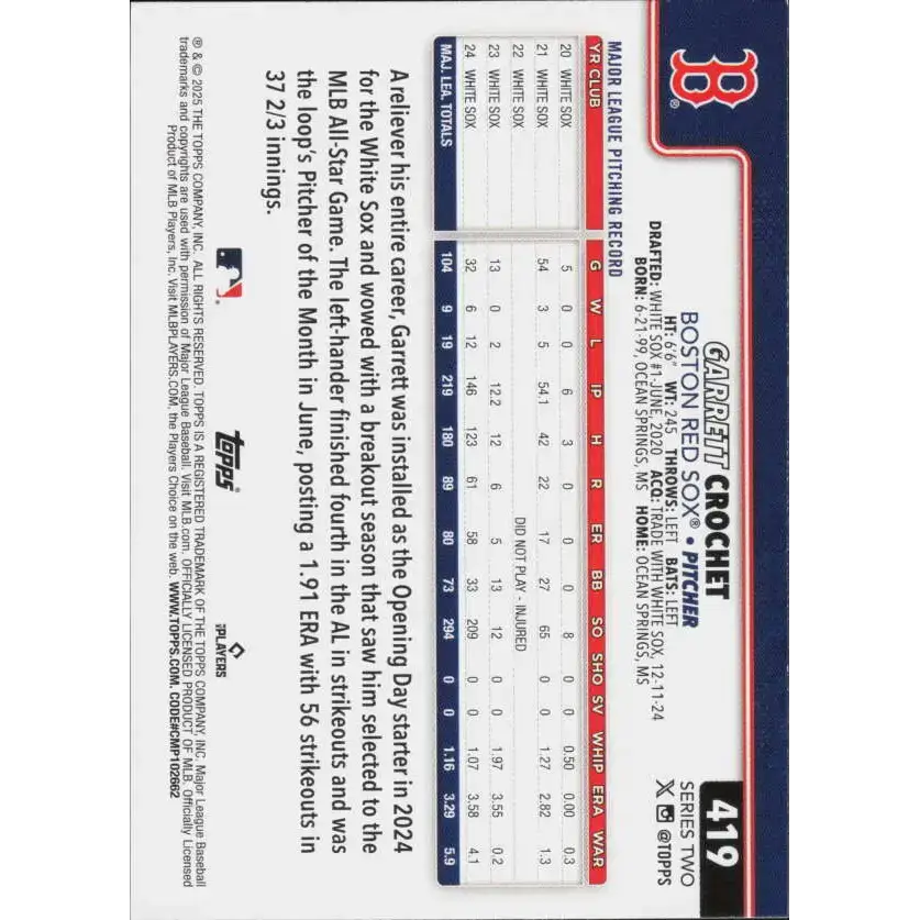 2025 Topps #419 Garrett Crochet NM-MT Boston Red Sox Baseball Card - Baseball Card Single
