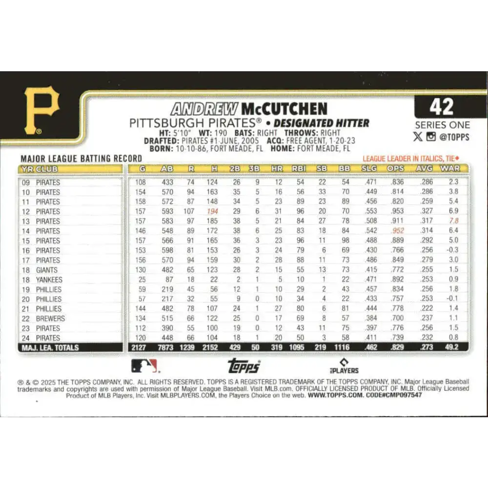 2025 Topps #42 Andrew McCutchen NM-MT Pittsburgh Pirates Baseball Card
