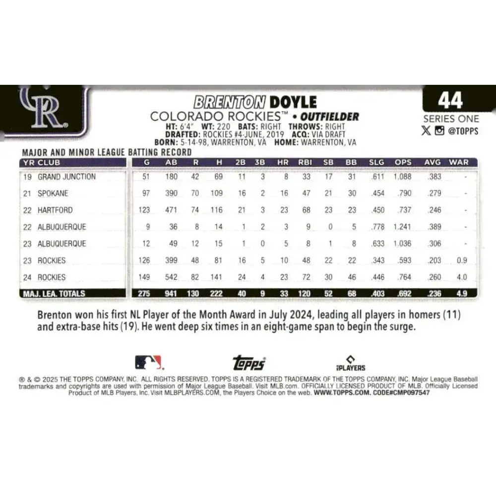 2025 Topps #44 Brenton Doyle NM-MT Colorado Rockies Baseball Card - Baseball Card Single