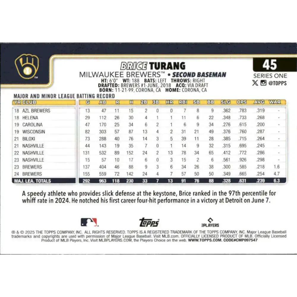 2025 Topps #45 Brice Turang NM-MT Milwaukee Brewers Baseball Card - Baseball Card Single