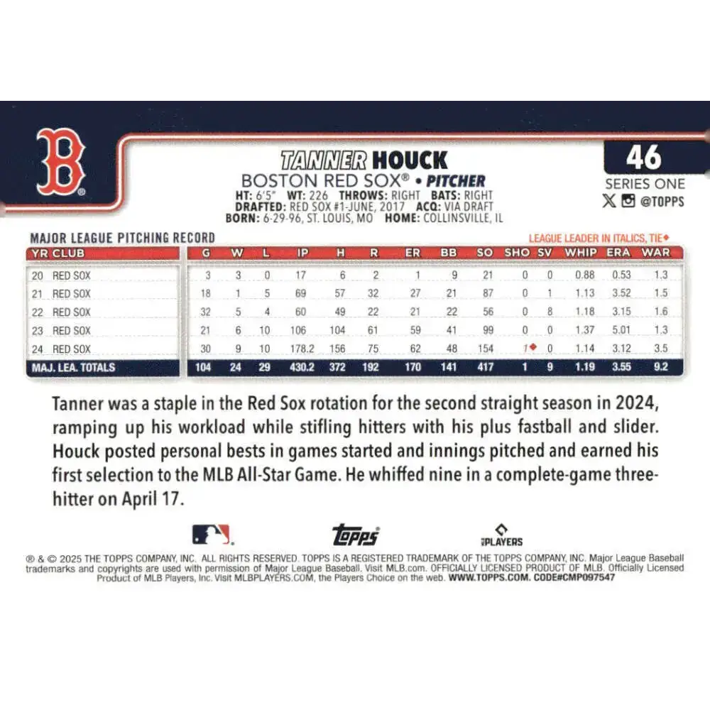 2025 Topps #46 Tanner Houck NM-MT Boston Red Sox Baseball Card - Baseball Card Single