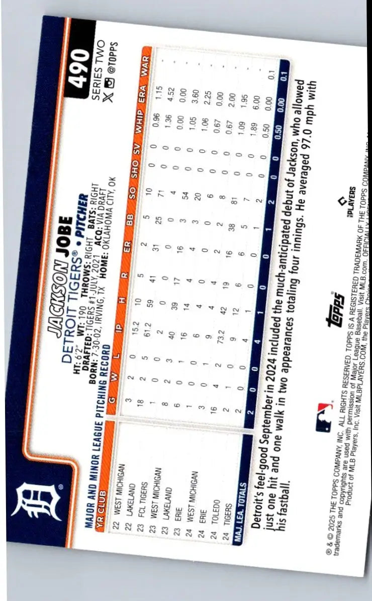 Baseball trading card of Jackson Jobe from Detroit Tigers 2025 Topps #490