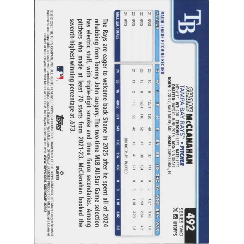 2025 Topps #492 Shane McClanahan NM-MT Tampa Bay Rays Baseball Card - Baseball Card Single