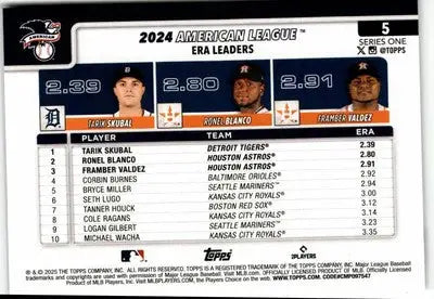 2025 Topps #5 American League Leaders ERA Skubal / Blanco / Valdez) - Baseball Card Single