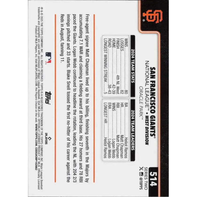2025 Topps #514 San Francisco Giants NM-MT San Francisco Giants Baseball Card - Baseball Card Single