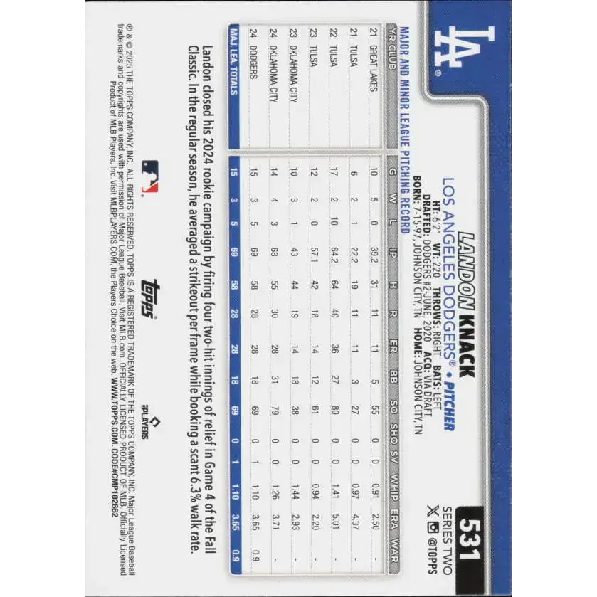 2025 Topps #531 Landon Knack NM-MT Los Angeles Dodgers Baseball Card - Baseball Card Single