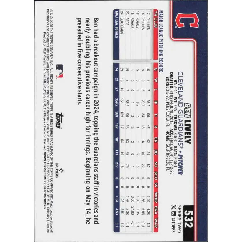2025 Topps #532 Ben Lively NM-MT Cleveland Guardians Baseball Card