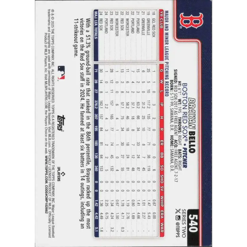 2025 Topps #540 Brayan Bello NM-MT Boston Red Sox Baseball Card - Baseball Card Single