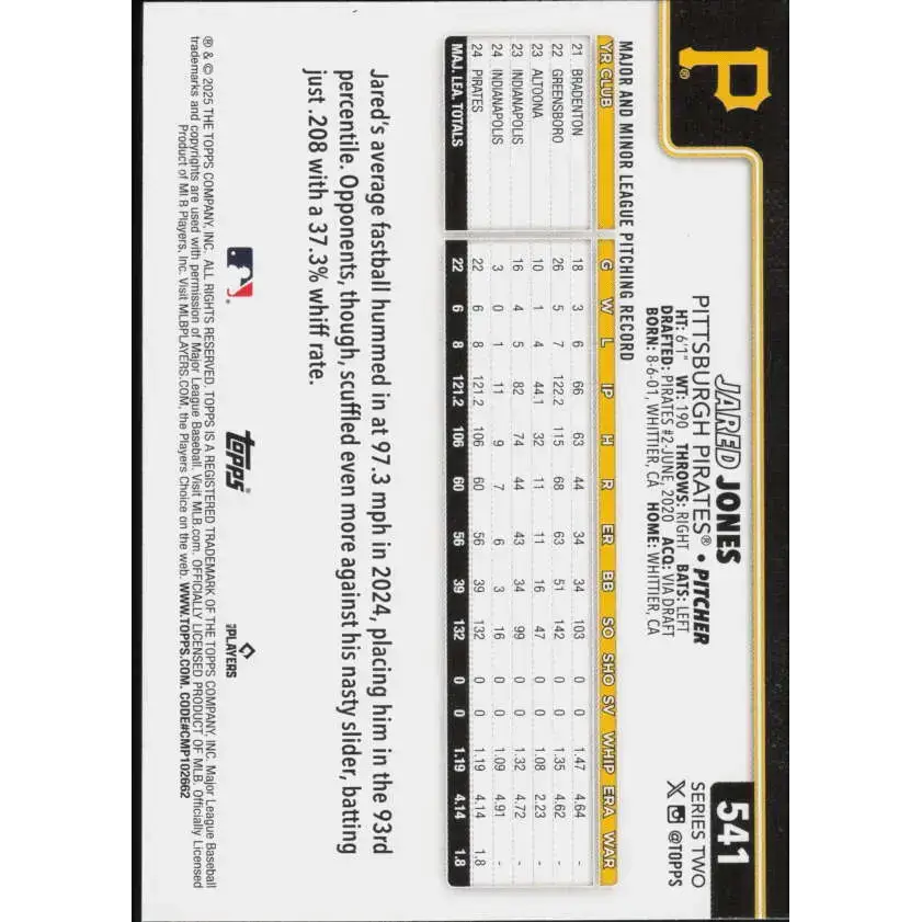 2025 Topps #541 Jared Jones NM-MT Pittsburgh Pirates Baseball Card - Baseball Card Single