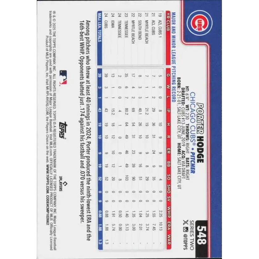 2025 Topps #548 Porter Hodge NM-MT Chicago Cubs Baseball Card - Baseball Card Single