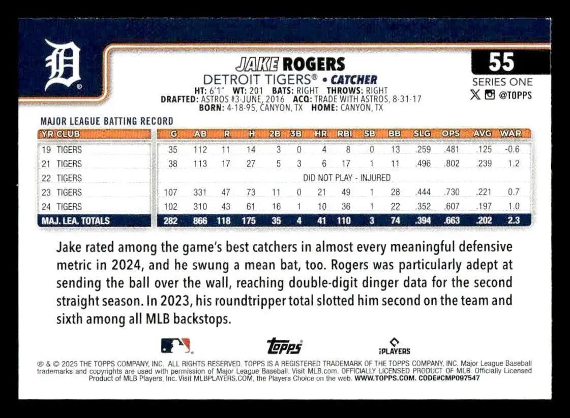 2025 Topps #55 Jake Rogers - Baseball Card Single