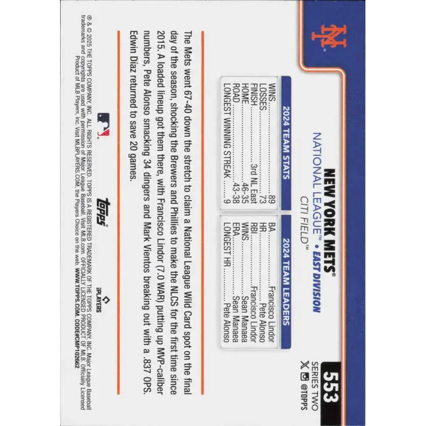 2025 Topps #553 New York Mets NM-MT New York Mets Baseball Card - Baseball Card Single