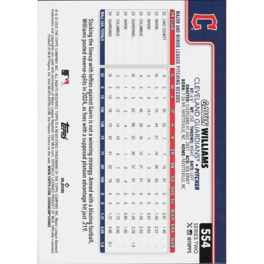 2025 Topps #554 Gavin Williams NM-MT Cleveland Guardians Baseball Card - Baseball Card Single