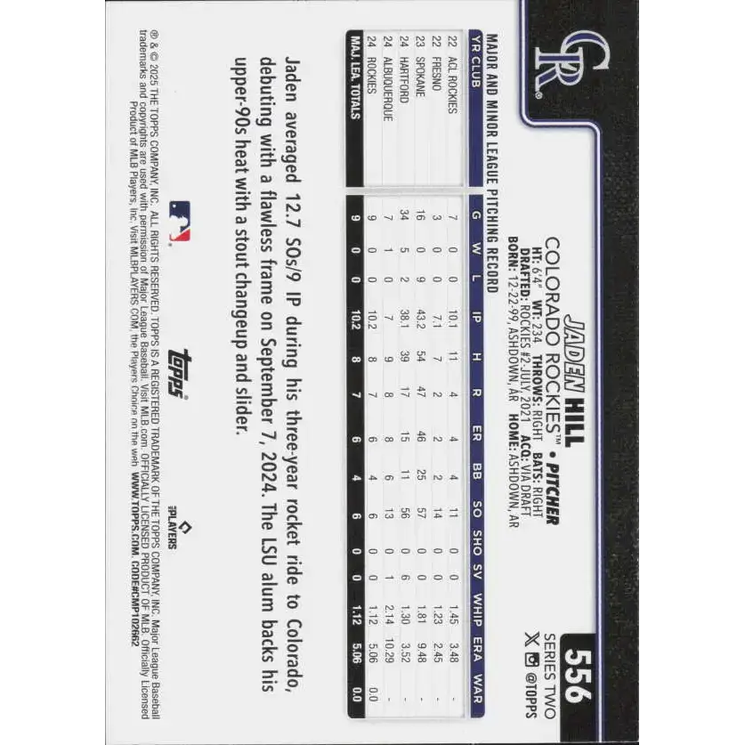 2025 Topps #556 Jaden Hill NM-MT RC Rookie Colorado Rockies Baseball Card - Baseball Card Single
