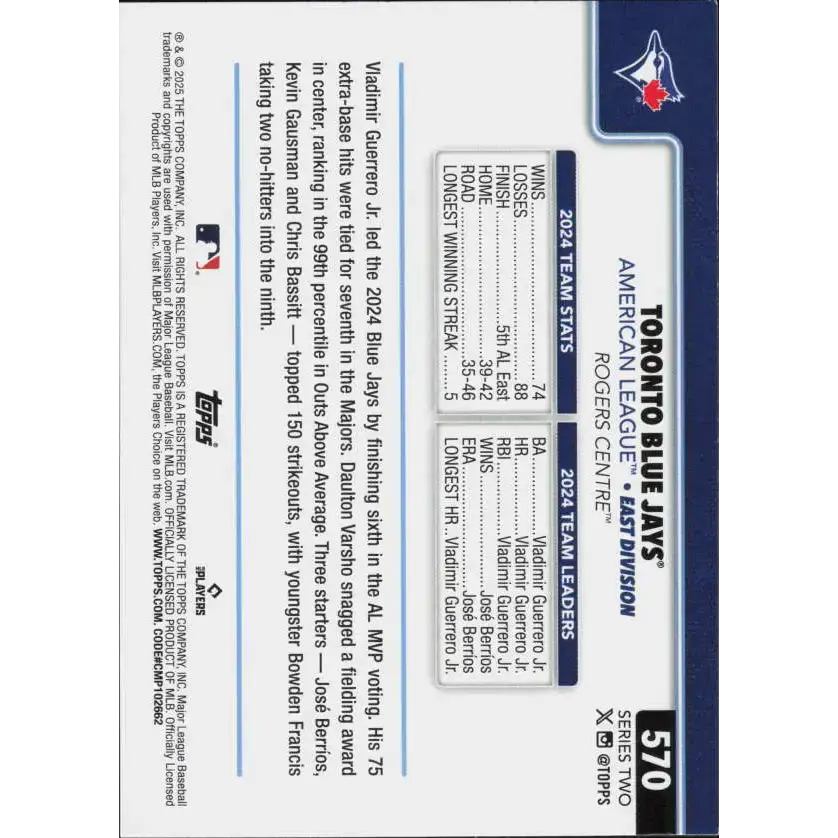 2025 Topps #570 Toronto Blue Jays NM-MT Toronto Blue Jays Baseball Card - Baseball Card Single