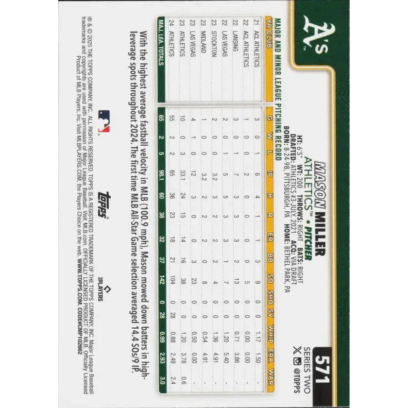 2025 Topps #571 Mason Miller NM-MT Athletics Baseball Card - Baseball Card Single