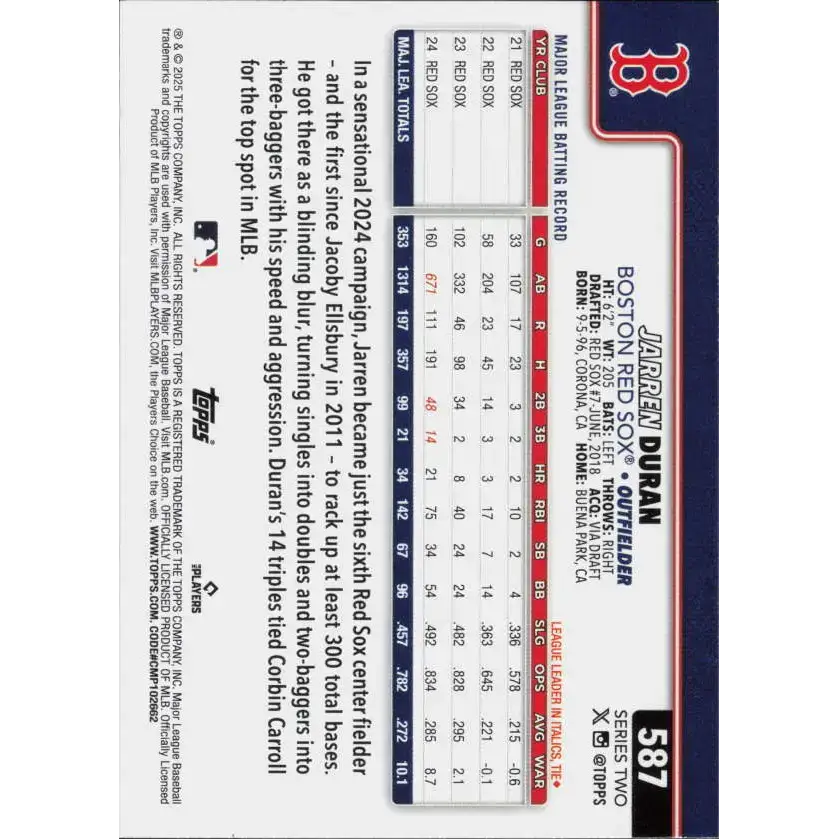 2025 Topps #587 Jarren Duran NM-MT Boston Red Sox Baseball Card - Baseball Card Single