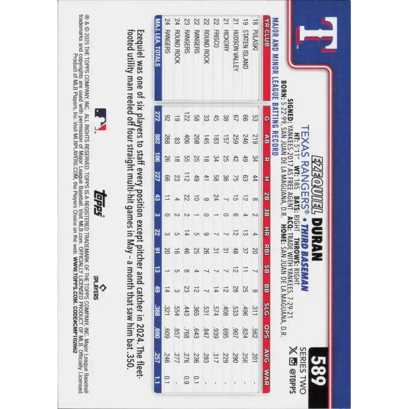 2025 Topps #589 Ezequiel Duran NM-MT Texas Rangers Baseball Card - Baseball Card Single