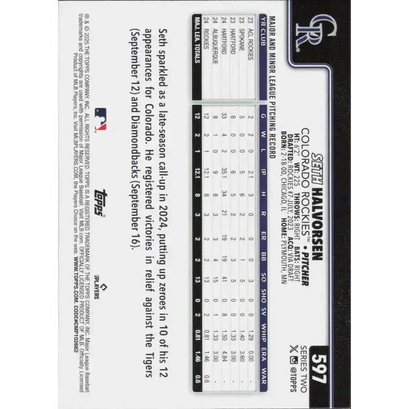 2025 Topps #597 Seth Halvorsen NM-MT RC Rookie Colorado Rockies Baseball Card - Baseball Card Single
