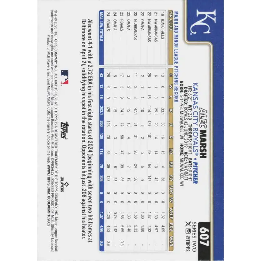 2025 Topps #607 Alec Marsh NM-MT Kansas City Royals Baseball Card - Baseball Card Single