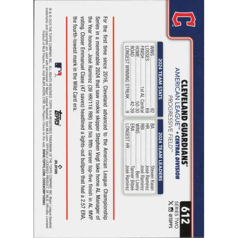 2025 Topps #612 Cleveland Guardians NM-MT Cleveland Guardians Baseball Card - Baseball Card Single