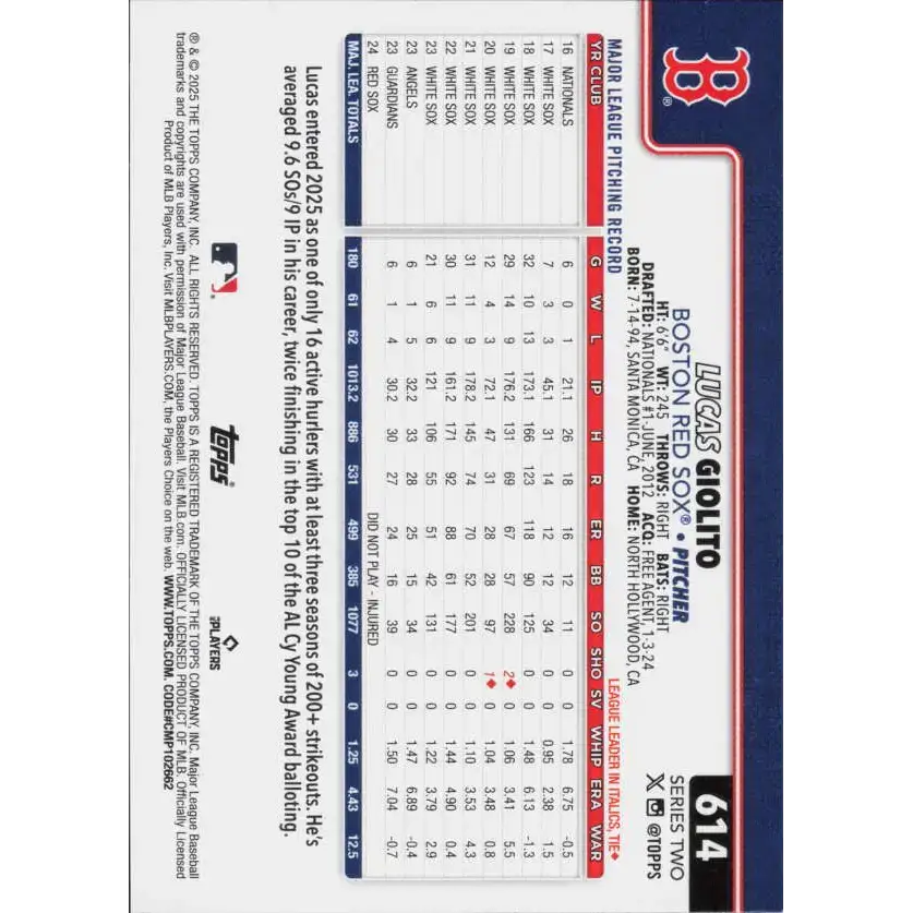 2025 Topps #614 Lucas Giolito NM-MT Boston Red Sox Baseball Card - Baseball Card Single