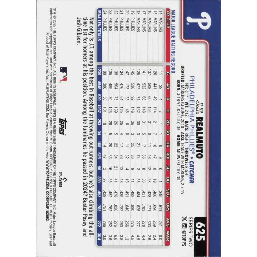 2025 Topps #625 J.T. Realmuto NM-MT Philadelphia Phillies Baseball Card - Baseball Card Single