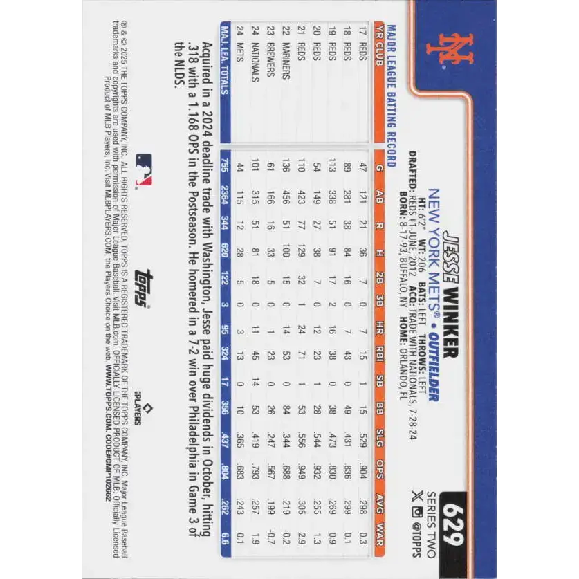 2025 Topps #629 Jesse Winker NM-MT New York Mets Baseball Card - Baseball Card Single