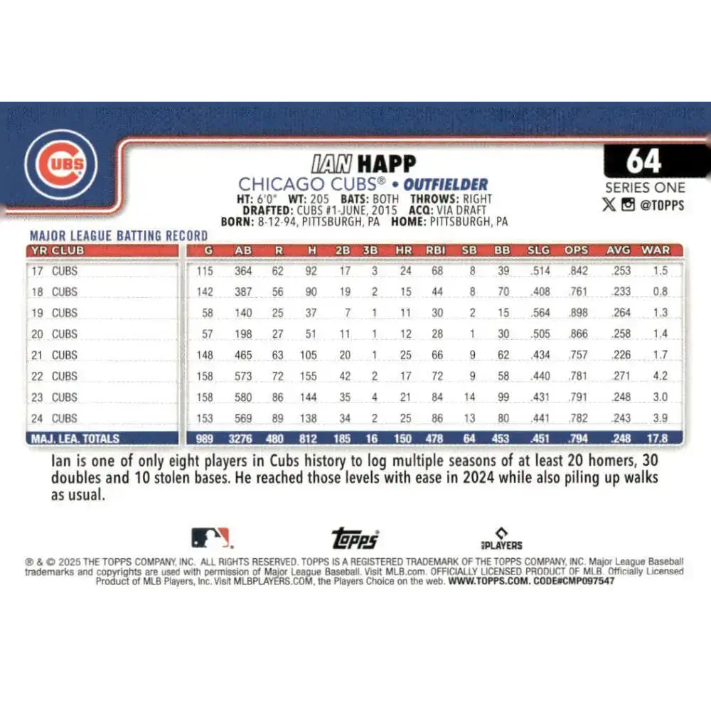 2025 Topps #64 Ian Happ NM-MT Chicago Cubs Baseball Card - Baseball Card Single