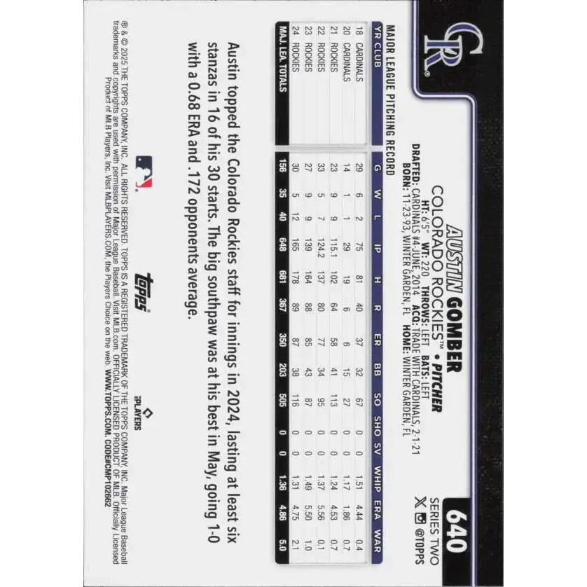 2025 Topps #640 Austin Gomber NM-MT Colorado Rockies Baseball Card - Baseball Card Single