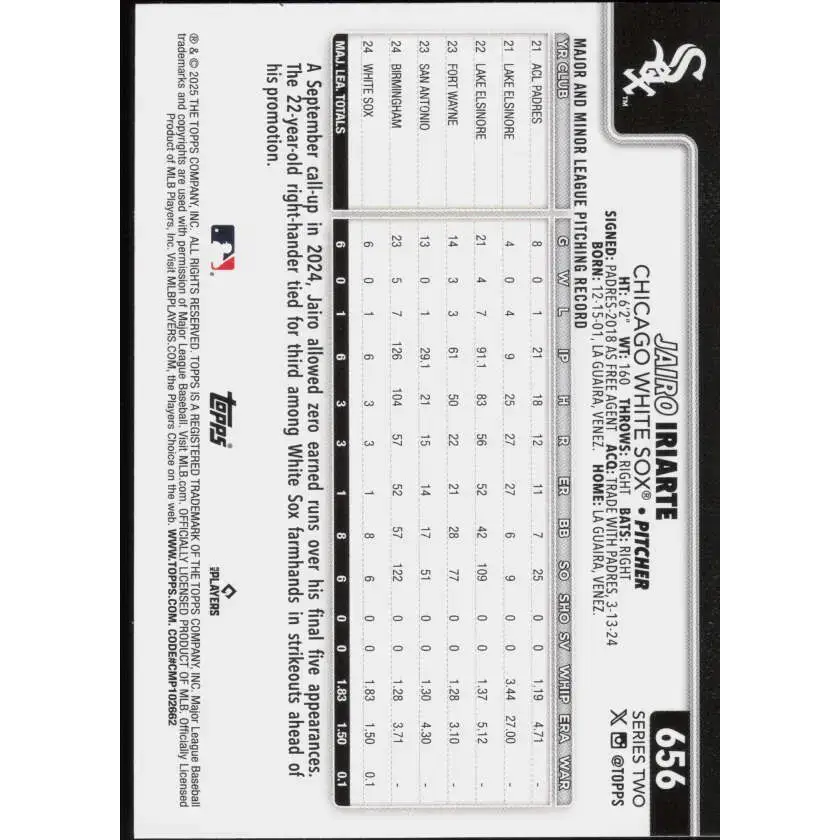 2025 Topps #656 Jairo Iriarte NM-MT RC Rookie Chicago White Sox Baseball Card - Baseball Card Single