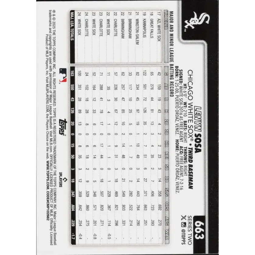 2025 Topps #663 Lenyn Sosa NM-MT Chicago White Sox Baseball Card - Baseball Card Single