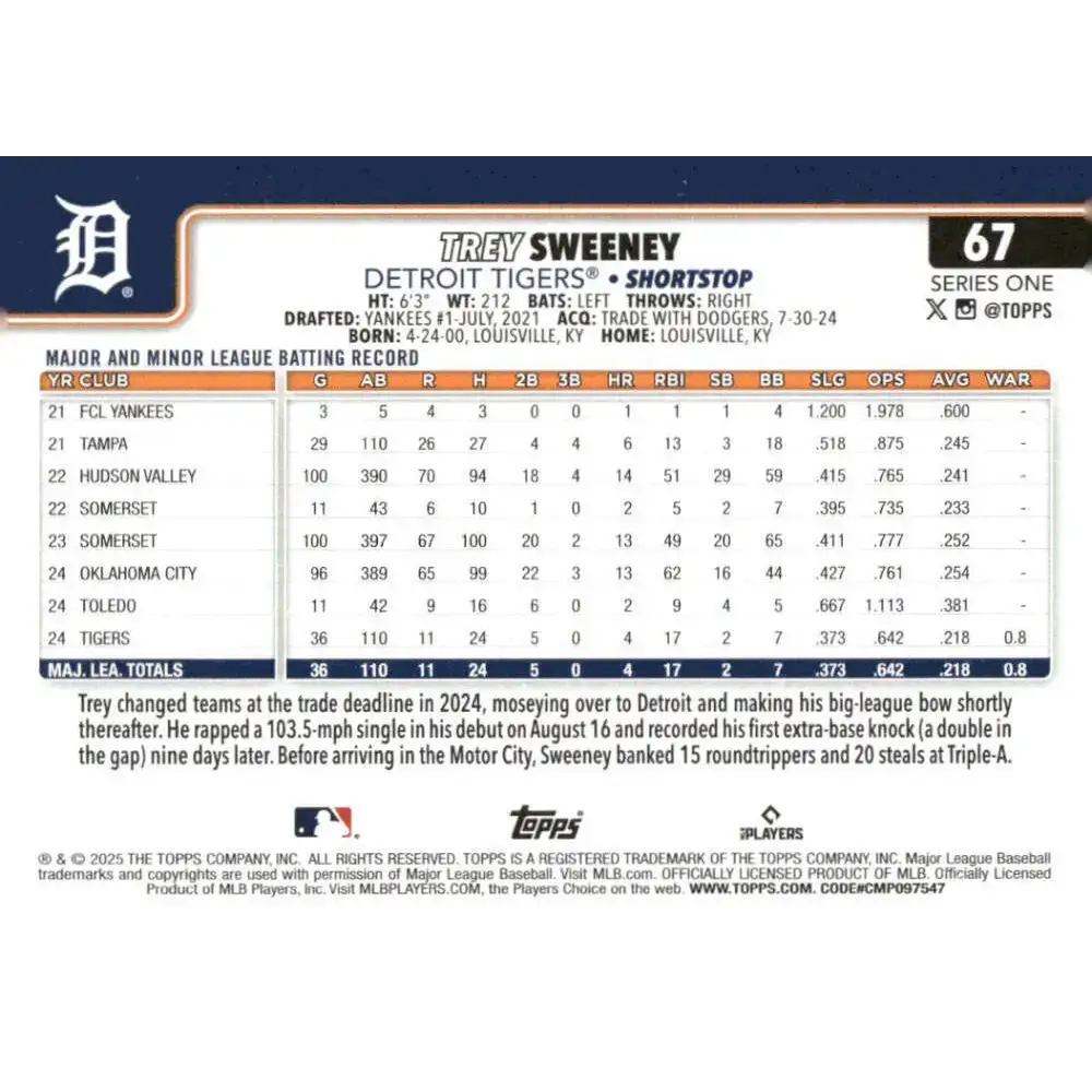 2025 Topps #67 Trey Sweeney NM-MT RC Rookie Detroit Tigers Baseball Card - Baseball Card Single