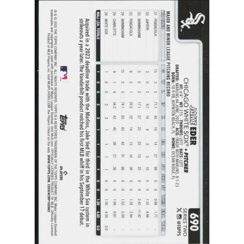 2025 Topps #690 Jake Eder NM-MT RC Rookie Chicago White Sox Baseball Card - Baseball Card Single