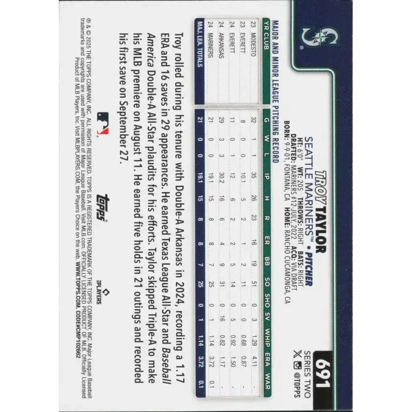 2025 Topps #691 Troy Taylor NM-MT RC Rookie Seattle Mariners Baseball Card - Baseball Card Single