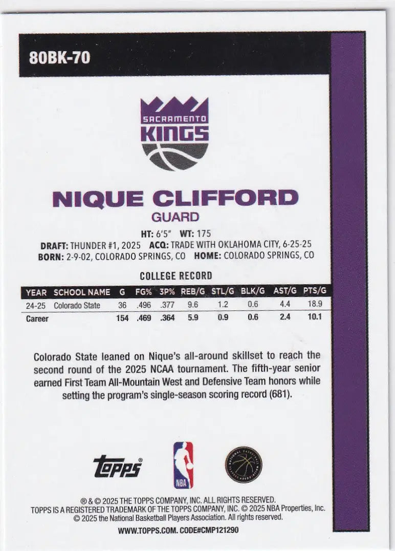 2025 TOPPS #80BK-70 NIQUE CLIFFORD- SACRAMENTO KINGS - Basketball Card Single