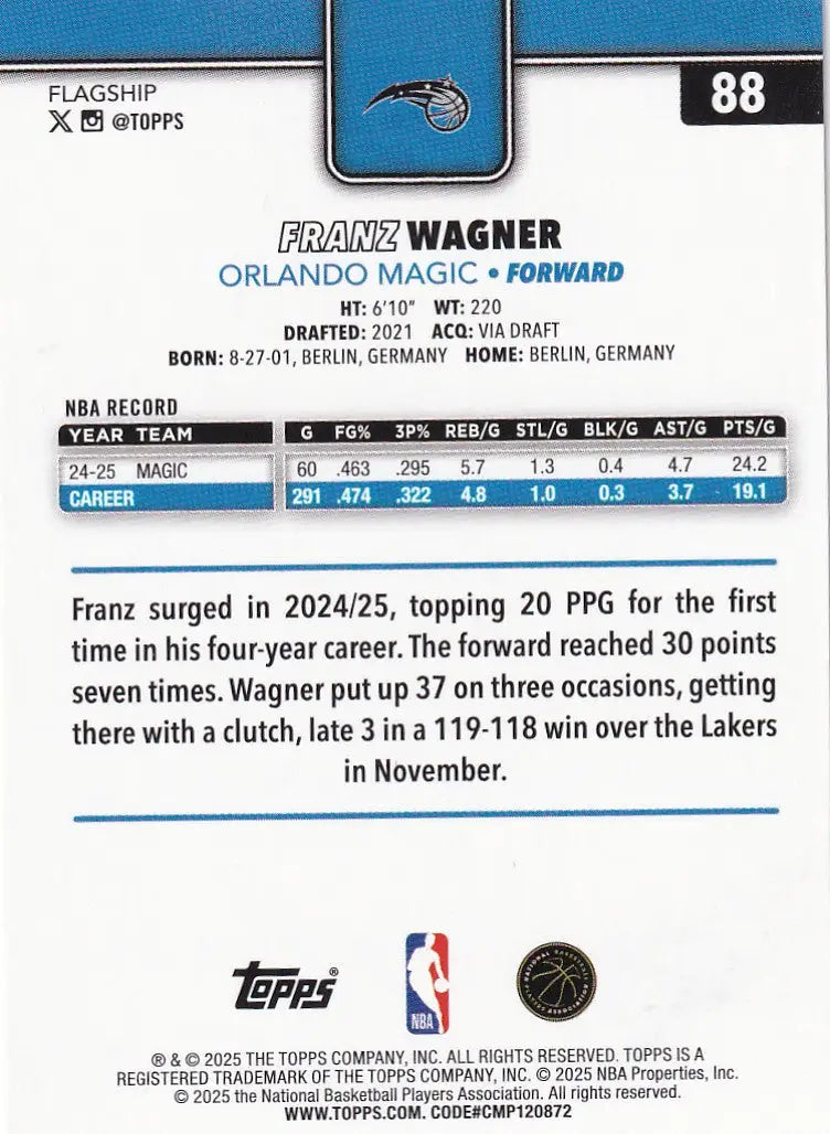 2025 TOPPS #88 FRANZ WAGNER DIAMONTE- ORLANDO MAGIC - Basketball Card Single