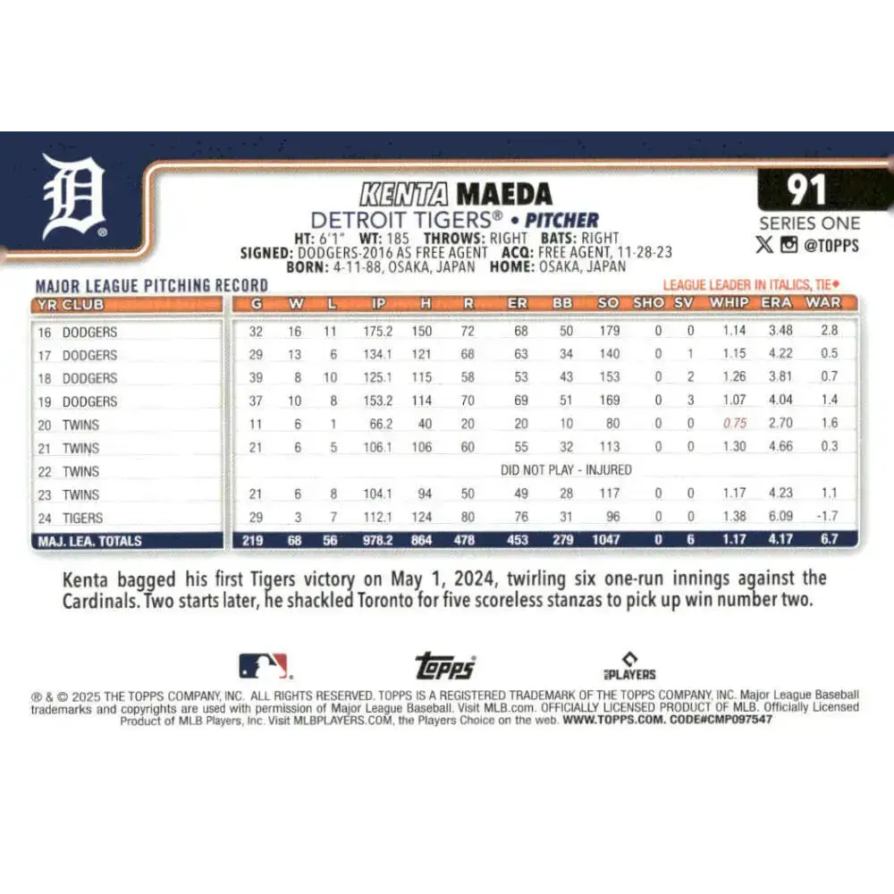 2025 Topps #91 Kenta Maeda NM-MT Detroit Tigers Baseball Card - Baseball Card Single
