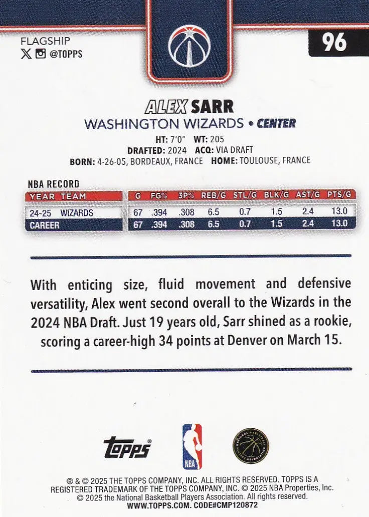 2025 TOPPS #96 ALEX SARR DIAMONTE- WASHINGTON WIZARDS - Basketball Card Single