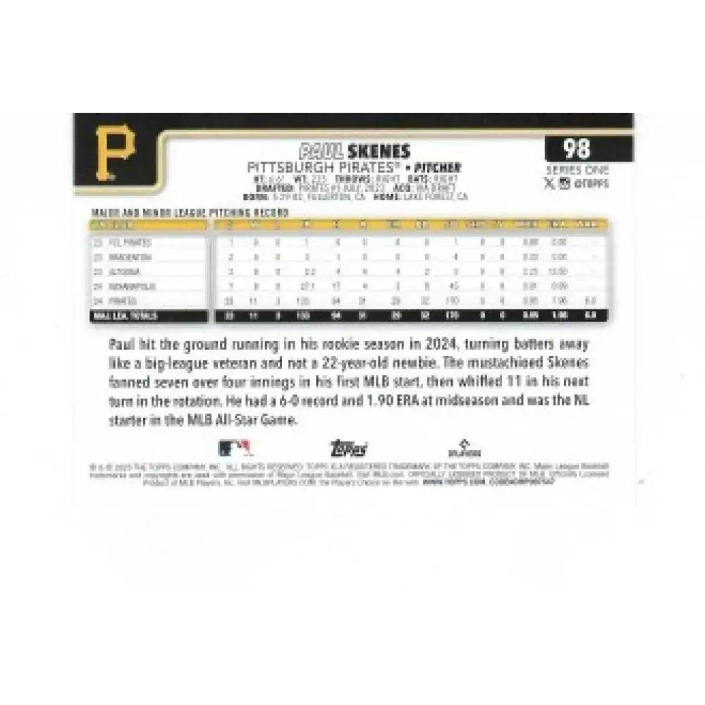 2025 Topps #98 Paul Skenes NM-MT Pittsburgh Pirates Baseball Card - Baseball Card Single