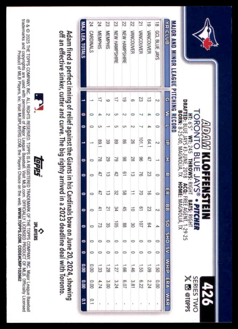 2025 Topps Adam Kloffenstein RC 426 Toronto Blue Jays LP - Baseball Card Single